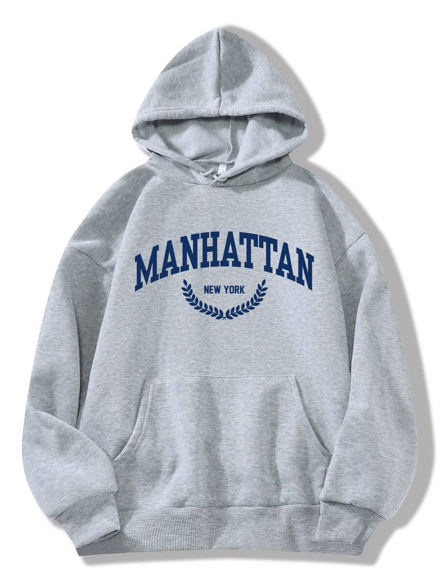 SHEIN EZwear Letter Graphic Kangaroo Pocket Drawstring Thermal Lined Hoodie - Light Grey - View 1