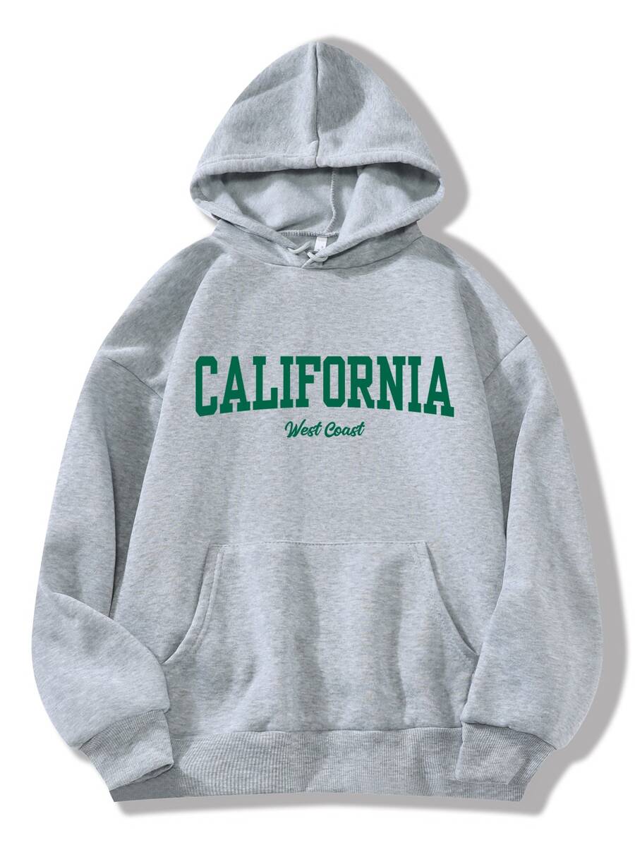 SHEIN EZwear Letter Graphic Kangaroo Pocket Drawstring Thermal Lined Hoodie - Light Grey - View 1