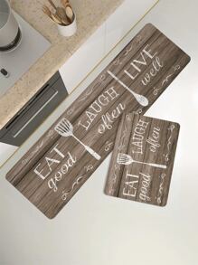 1pc Wood Grain & Slogan Graphic Kitchen Rug, Modern Polyester Kitchen Mat For Kitchen - Brown - View 3