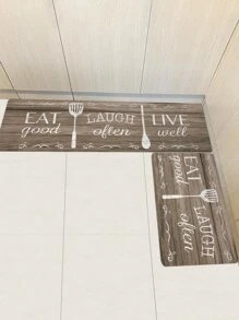 1pc Wood Grain & Slogan Graphic Kitchen Rug, Modern Polyester Kitchen Mat For Kitchen - Brown - View 4