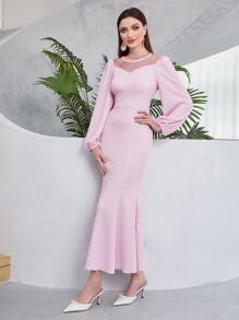 Modelyn Mesh Insert Lantern Sleeve Mermaid Hem Dress - Pink - View 3