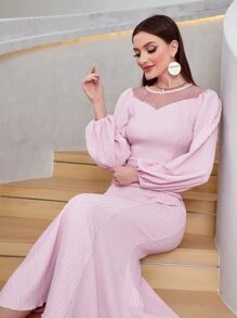 Modelyn Mesh Insert Lantern Sleeve Mermaid Hem Dress - Pink - View 4