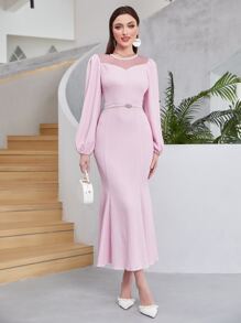 Modelyn Mesh Insert Lantern Sleeve Mermaid Hem Dress - Pink - View 5