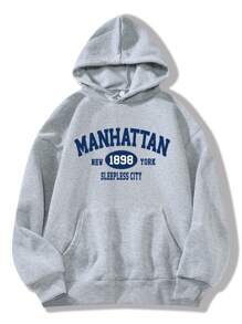 INAWLY Letter Graphic Kangaroo Pocket Drawstring Thermal Lined Hoodie - Light Grey - View 1