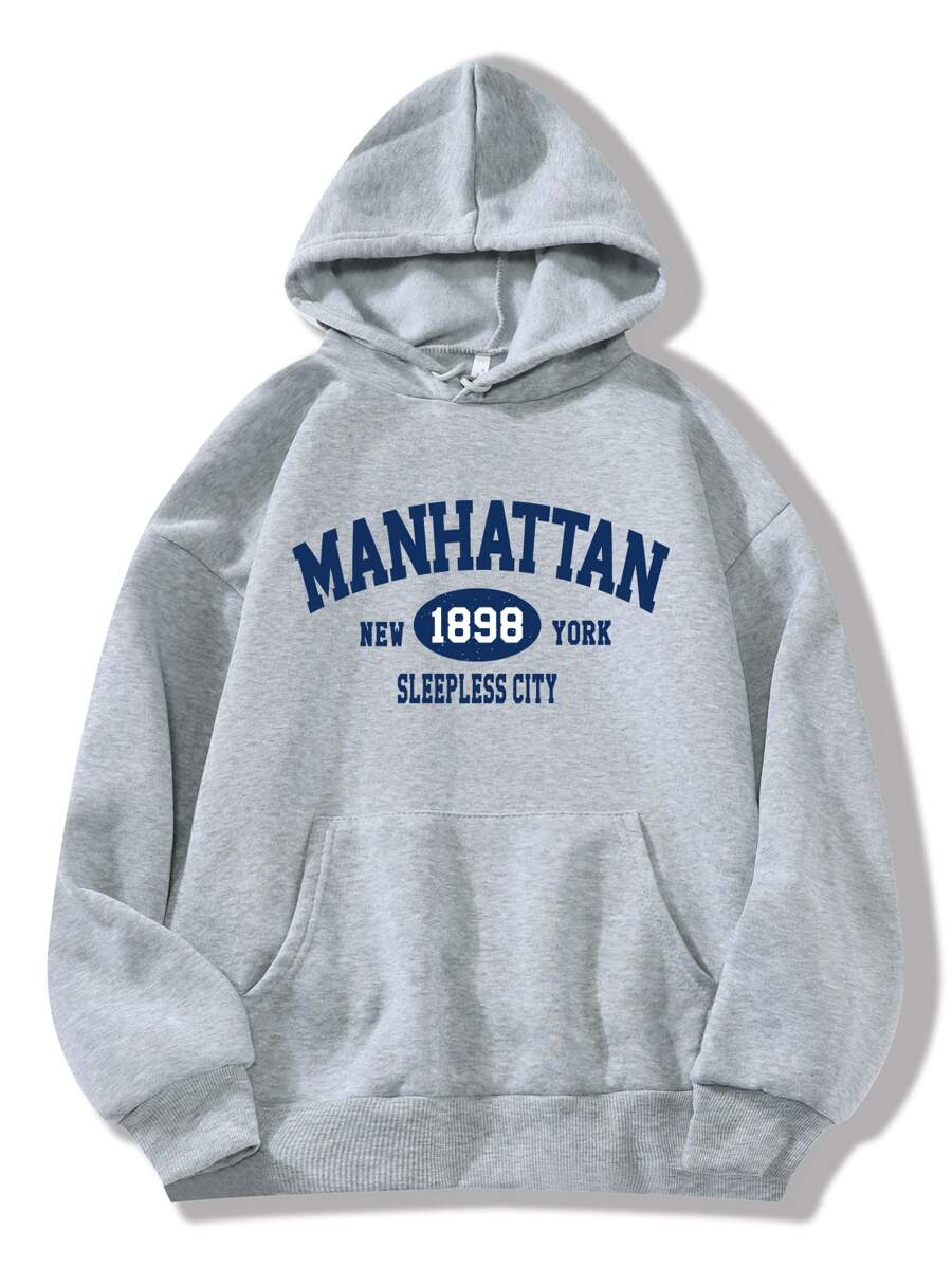 INAWLY Letter Graphic Kangaroo Pocket Drawstring Thermal Lined Hoodie - Light Grey - View 1