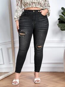 Jeans ajustados desgarro de talle alto - Negro - Ver 1