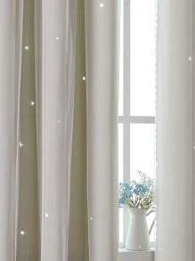 1入組鏤空星星蕾絲雙層窗簾 - 米色 - 查看 3