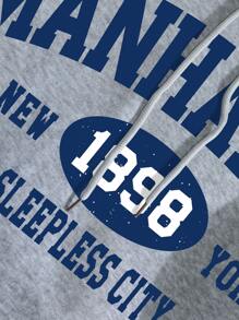 INAWLY Letter Graphic Kangaroo Pocket Drawstring Thermal Lined Hoodie - Light Grey - View 3