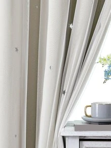 1入組鏤空星星蕾絲雙層窗簾 - 米色 - 查看 5