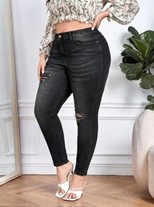 Jeans ajustados desgarro de talle alto - Negro - Ver 3