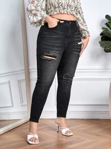 Jeans ajustados desgarro de talle alto - Negro - Ver 4