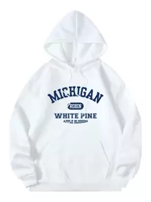 SHEIN EZwear Letter Graphic Kangaroo Pocket Drawstring Thermal Hoodie - White - View 1