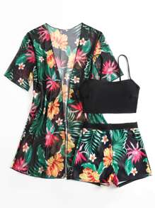 Costavie Tropical Print Bikini Set Wireless Cami Top & Boxer Shorts & Open Front Kimono 3 Piece Swimwear,Summer Beach - Multicolor - View 3
