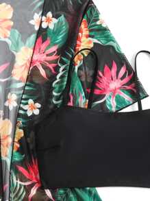 Costavie Tropical Print Bikini Set Wireless Cami Top & Boxer Shorts & Open Front Kimono 3 Piece Swimwear,Summer Beach - Multicolor - View 5