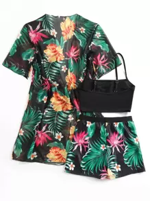 Costavie Tropical Print Bikini Set Wireless Cami Top & Boxer Shorts & Open Front Kimono 3 Piece Swimwear,Summer Beach - Multicolor - View 6