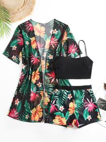 Costavie Tropical Print Bikini Set Wireless Cami Top & Boxer Shorts & Open Front Kimono 3 Piece Swimwear,Summer Beach - Multicolor - View 7