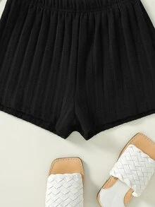 Girls Solid Elastic Waist Shorts - Black - View 4