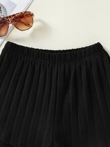 Girls Solid Elastic Waist Shorts - Black - View 5