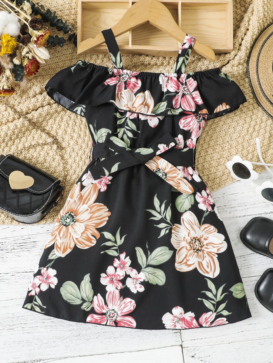 Toddler Girls Floral Print Cold Shoulder Ruffle Trim Dress - Black - View 1