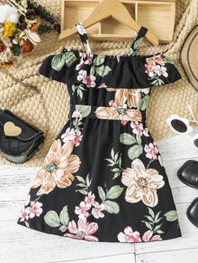 Toddler Girls Floral Print Cold Shoulder Ruffle Trim Dress - Black - View 2
