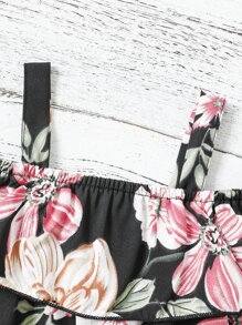 Toddler Girls Floral Print Cold Shoulder Ruffle Trim Dress - Black - View 5