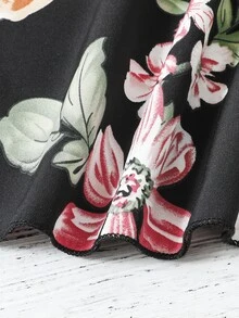 Toddler Girls Floral Print Cold Shoulder Ruffle Trim Dress - Black - View 7