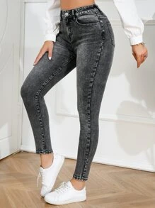 High Waist Skinny Jeans - Dark Grey - View 3