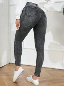 High Waist Skinny Jeans - Dark Grey - View 2