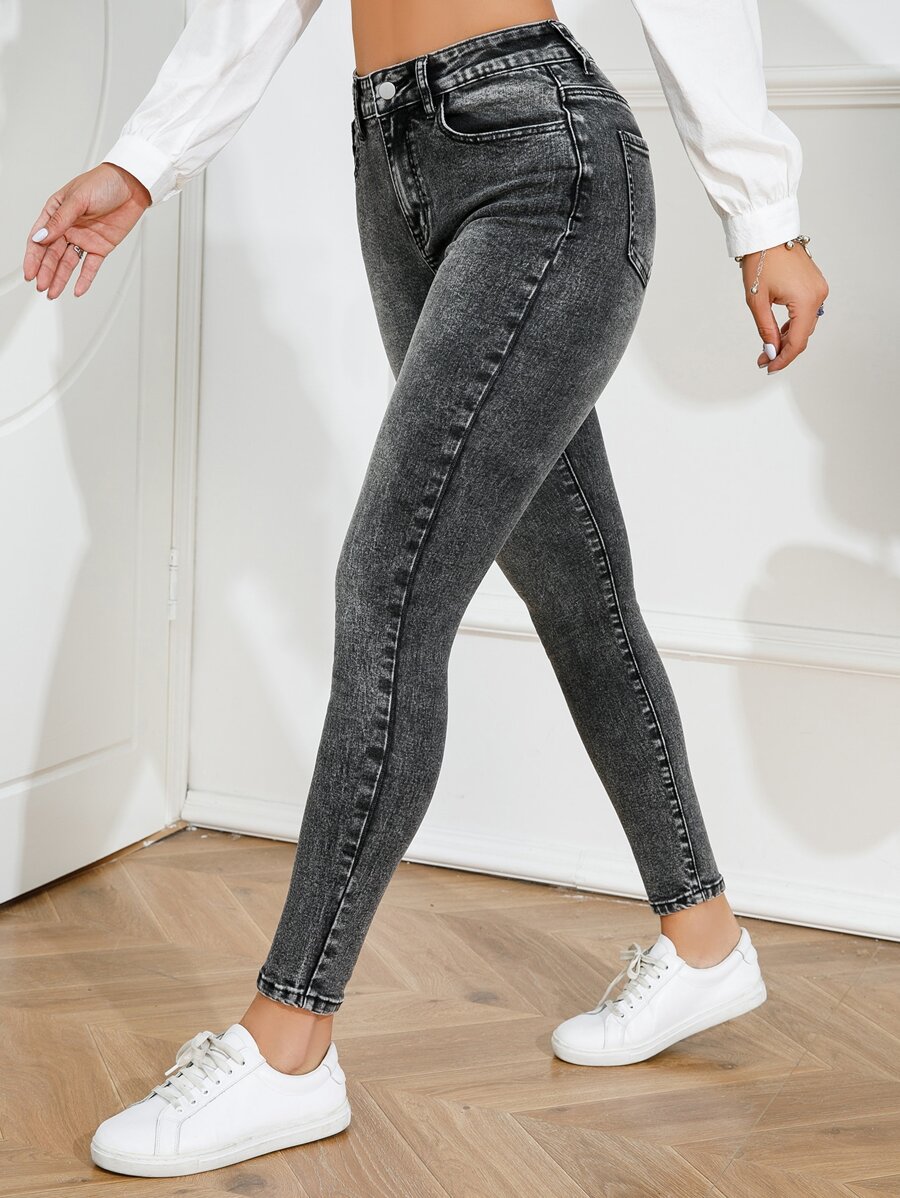 High Waist Skinny Jeans - Dark Grey - View 1
