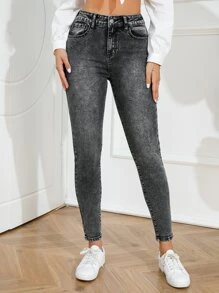 High Waist Skinny Jeans - Dark Grey - View 6