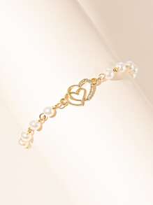 鑽石心形與仿珍珠裝飾手鍊 - 金黃色 - 查看 1
