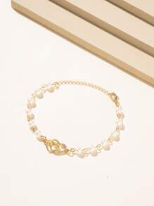 鑽石心形與仿珍珠裝飾手鍊 - 金黃色 - 查看 2