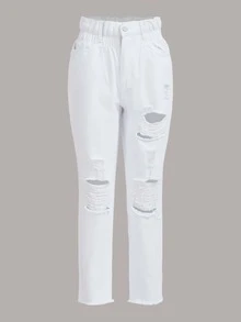 SHEIN SXY Paperbag Waist Ripped Frayed Straight Leg Jeans - White - View 2