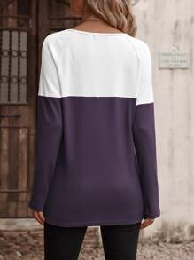 SHEIN LUNE Áo thun nữ Nút Khối Màu Giải trí - Màu tím - Xem 2