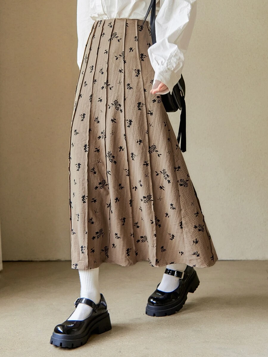 DAZY 碎花明缝A字裙 - 駝色 - 查看 1