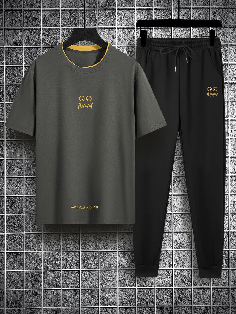 Manfinity Homme Men Letter Graphic Tee & Drawstring Waist Sweatpants, Men S Co Ord Set, Men S 2 Piece Set - Multicolor - View 1