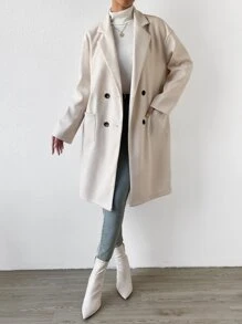 SHEIN Frenchy Lapel Neck Drop Shoulder Double Breasted Dual Pocket Overcoat,Ladies Late Fall Casual Double Button,Pocket Drop Shoulder Lapel Regular Fit Beige Plain Women Overcoats,Casual Daily Wear Winter
