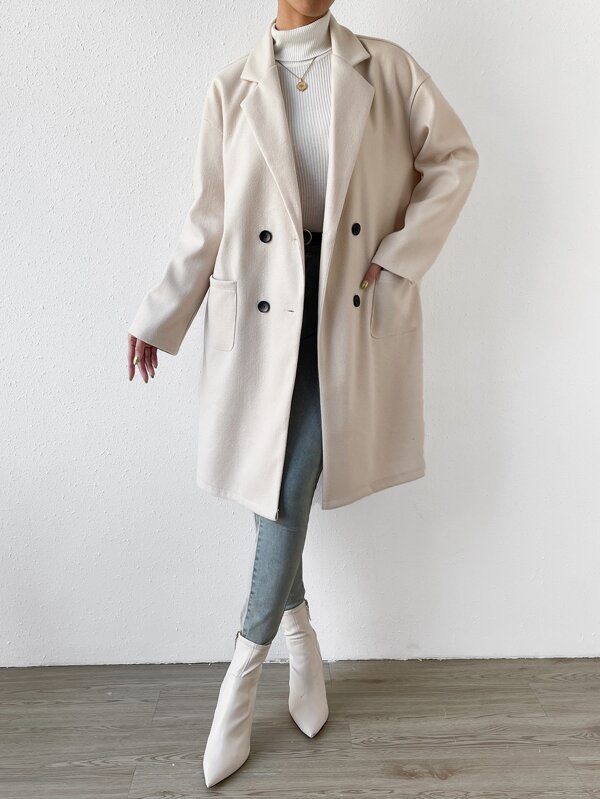 SHEIN Frenchy Abrigo largo de cuello de solapa, hombros caídos, doble botonadura, con dos bolsillos, para dama. Abrigo casual de otoño tardío, de doble botón, hombros caídos, cuello de solapa, ajuste regular, color beige liso, para uso diario casual
