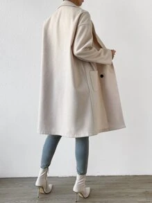 SHEIN Frenchy Lapel Neck Drop Shoulder Double Breasted Dual Pocket Overcoat,Ladies Late Fall Casual Double Button,Pocket Drop Shoulder Lapel Regular Fit Beige Plain Women Overcoats,Casual Daily Wear Winter