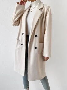 SHEIN Frenchy Lapel Neck Drop Shoulder Double Breasted Dual Pocket Overcoat,Ladies Late Fall Casual Double Button,Pocket Drop Shoulder Lapel Regular Fit Beige Plain Women Overcoats,Casual Daily Wear Winter