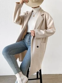 SHEIN Frenchy Lapel Neck Drop Shoulder Double Breasted Dual Pocket Overcoat,Ladies Late Fall Casual Double Button,Pocket Drop Shoulder Lapel Regular Fit Beige Plain Women Overcoats,Casual Daily Wear Winter