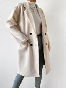 SHEIN Frenchy Lapel Neck Drop Shoulder Double Breasted Dual Pocket Overcoat,Ladies Late Fall Casual Double Button,Pocket Drop Shoulder Lapel Regular Fit Beige Plain Women Overcoats,Casual Daily Wear Winter