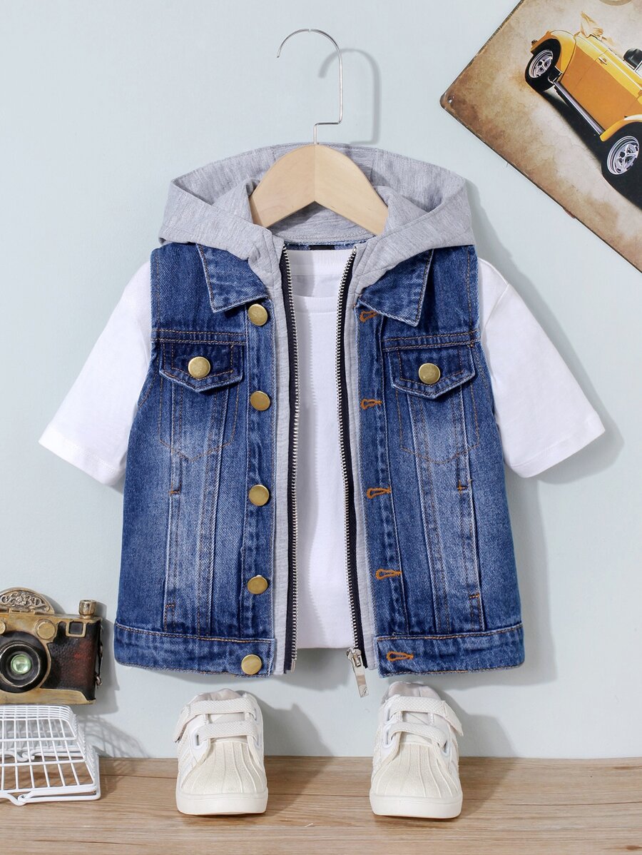小男童翻蓋細節連帽假兩件牛仔夾克不帶T恤