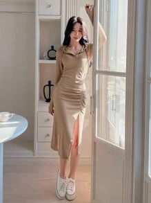 DAZY Đầm Dây kéo Xù Tách cao màu trơn Giải trí - Màu Khaki - Xem 3