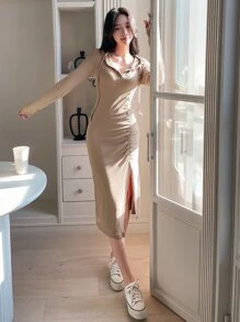 DAZY Đầm Dây kéo Xù Tách cao màu trơn Giải trí - Màu Khaki - Xem 5