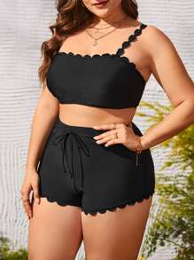 SHEIN Swim Curve Conjunto De Bikini Con Ribete Festoneado De Talla Grande Summer Beach - Negro - Ver 1