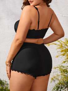 SHEIN Swim Curve Conjunto De Bikini Con Ribete Festoneado De Talla Grande Summer Beach - Negro - Ver 2