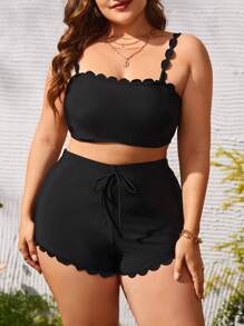 SHEIN Swim Curve Conjunto De Bikini Con Ribete Festoneado De Talla Grande Summer Beach - Negro - Ver 4
