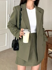 DAZY Solid Double Breasted Blazer & Skirt - Green - View 1