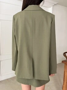 DAZY Solid Double Breasted Blazer & Skirt - Green - View 2